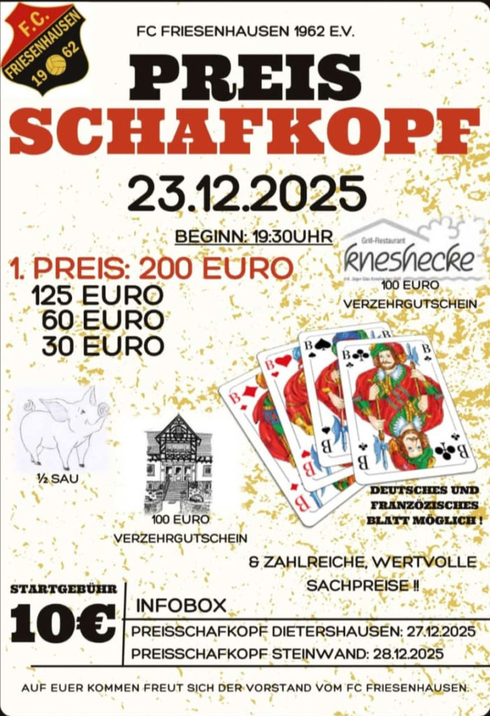 Flyer Preisschafkopf am 23.12.2025 um 19:30 Uhr im Bürgerhaus Friesenhausen.